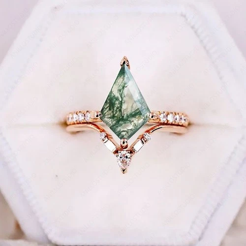 Kite Cut Moss Agate & Moissanite Engagement Ring, 925 Silver Crown Band Ring