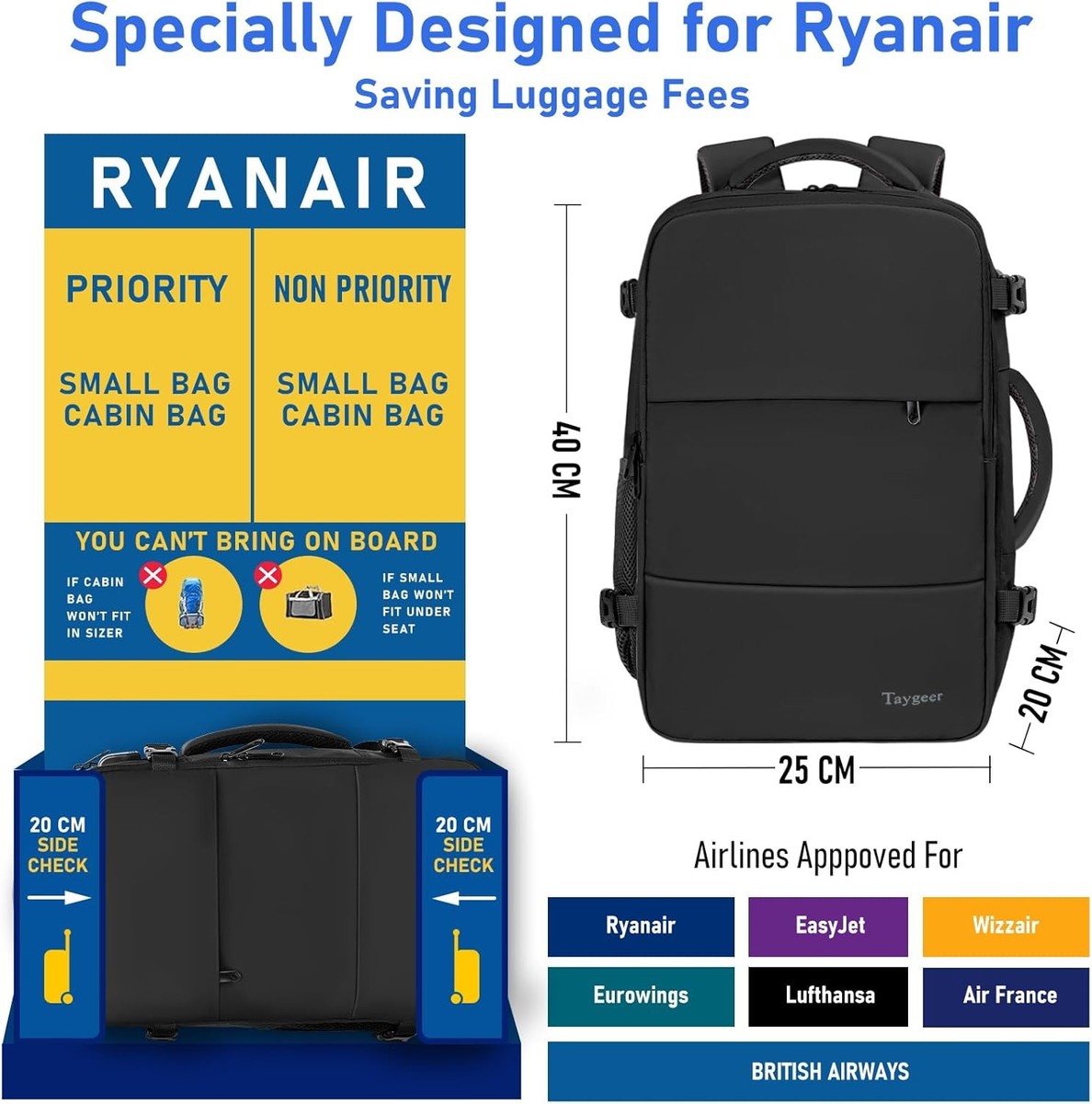 Taygeer Ryanair Cabin Bags 40x20x25 Underseat, Travel Backpack
