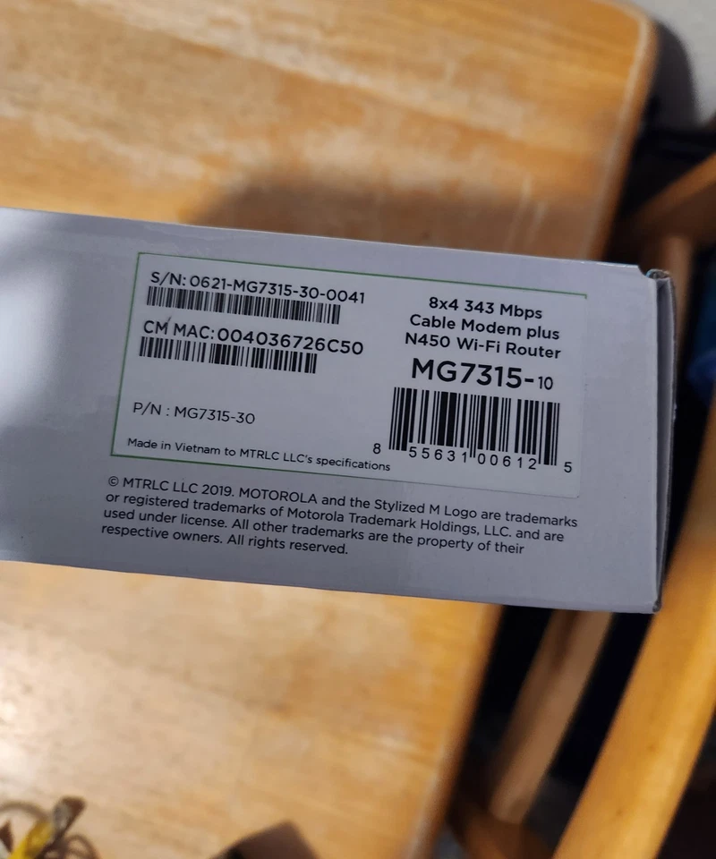 MOTOROLA MG7315 8X4 CABLE MODEM PLUS N450 WIFI ROUTER 343 MBPS BLACK TESTED VGC! - Image 3 of 3