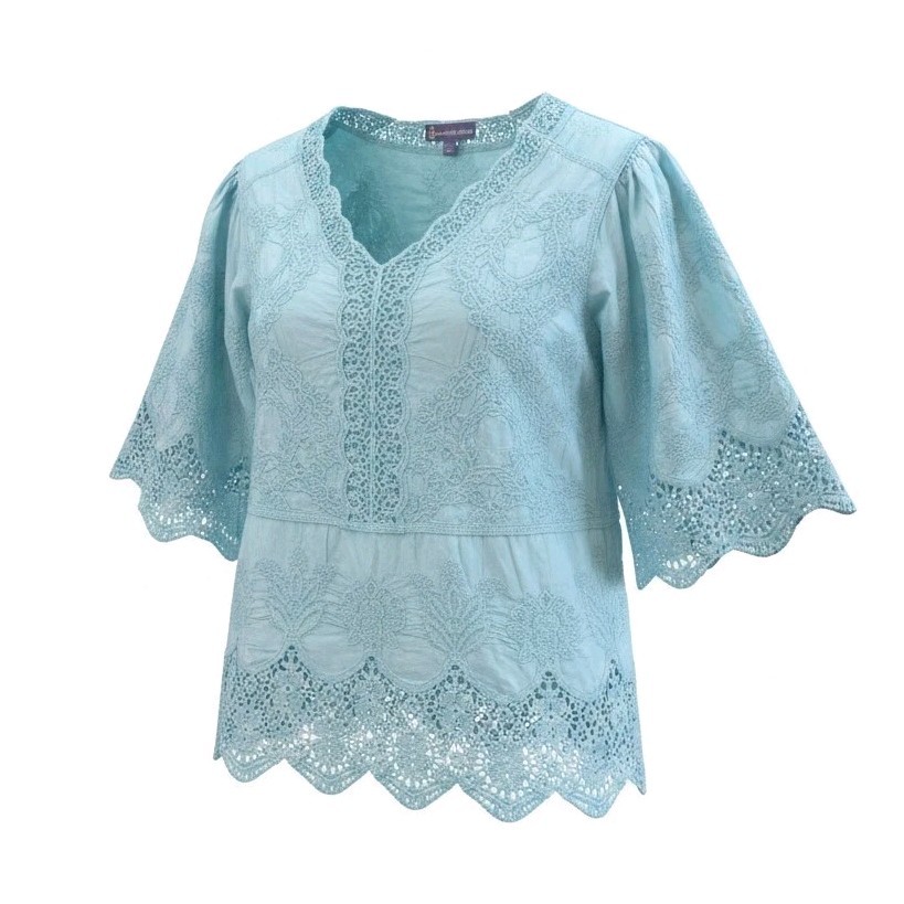 Democracy Boho Sage Green Lace Trim V-Neck Top Size XS