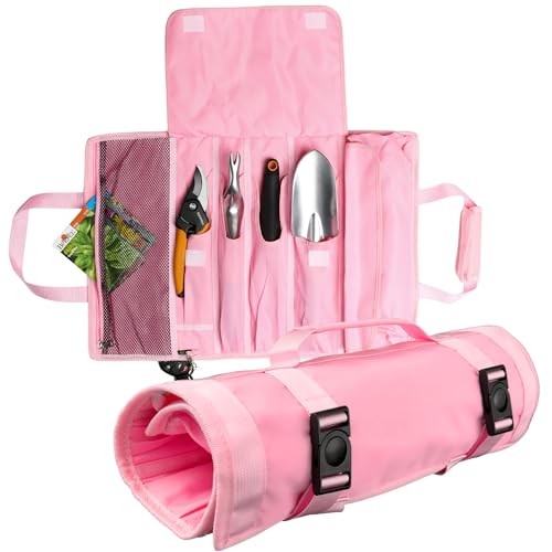 Borsa porta attrezzi da giardino, porta attrezzi da giardino arrotolabile con tasche profonde | 900D rosa - Foto 2 di 7