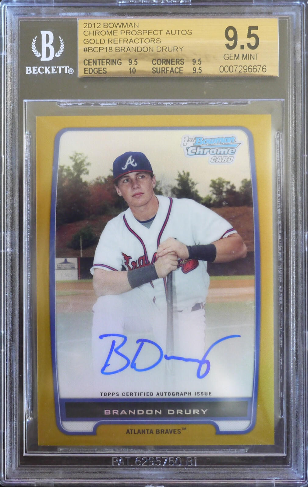 BGS 9.5 - 2012 BOWMAN CHROME BRANDON DRURY RC /50 GOLD REFRACTOR AUTO 10 TRUE+