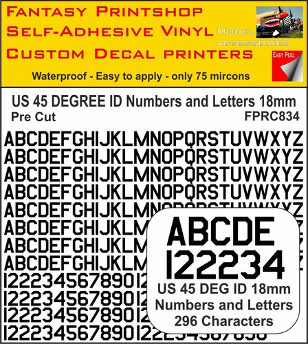 RC Vinyl Stickers US 45 DEGREE  LETTERS NUMBERS 18mm PRE CUT FPRC834 BLACK MATT - Picture 1 of 3