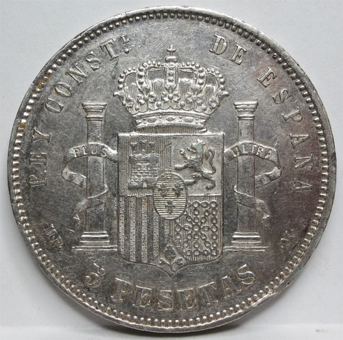SPAIN Kingdom silver 5 pesetas 1890 (90) MP M XF Alfonso XIII Pillars Baby #F25 - Picture 4 of 6