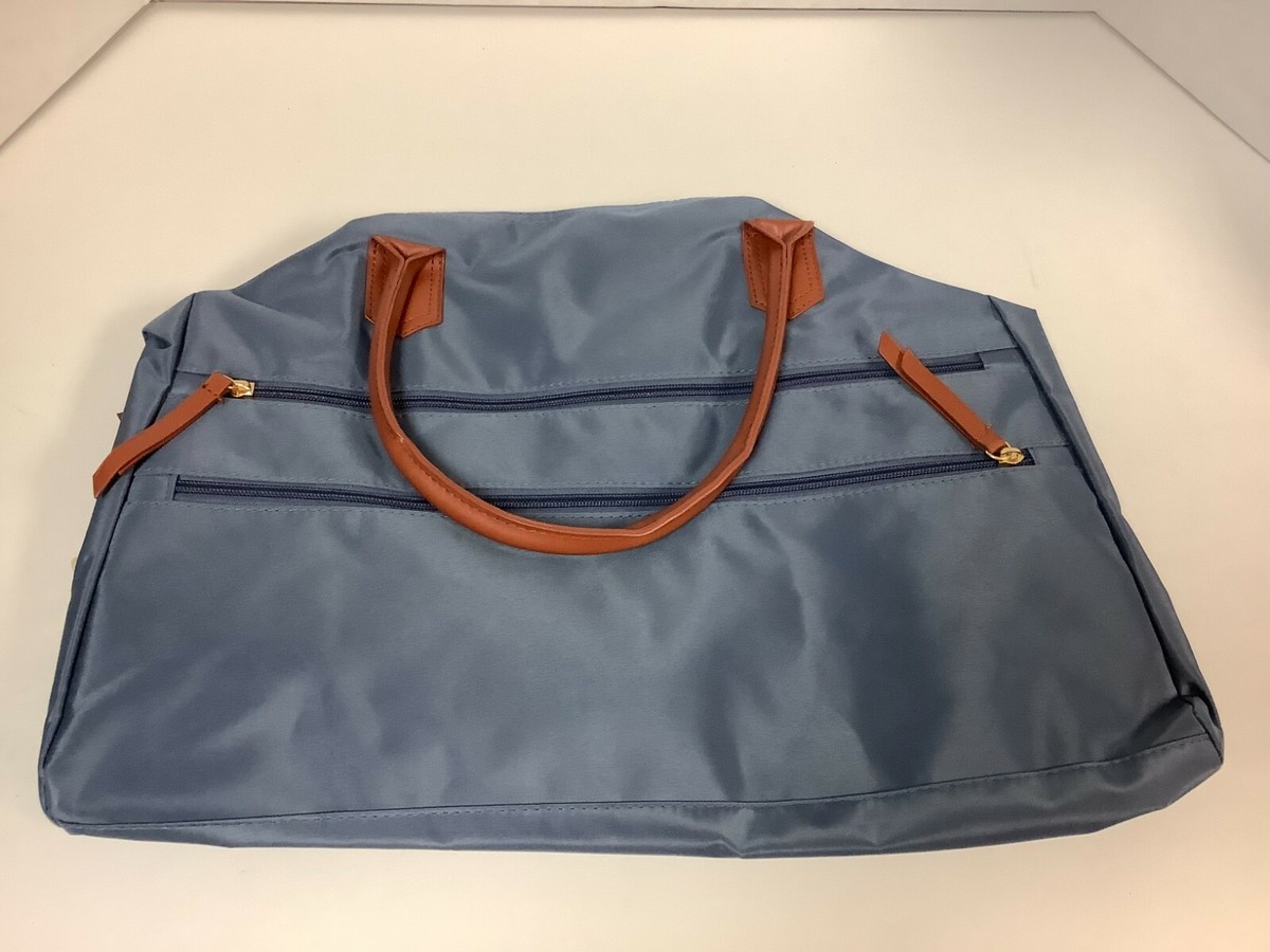 Nylon Zippered Overnight Bag, Slate Blue with Tan Vinyl Handles