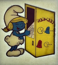 Vintage 1980 s Smurfette Pac-Man Video Arcade Smurf Glitter Iron On Transfer