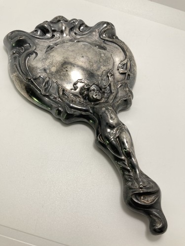 Antique Art Nouveau Victor Silver Co. Figural Cupid Hand Vanity Mirror 10 X 5.5"