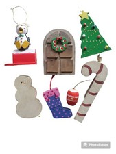 7x Mixed Ornaments Vintage Wood Christmas Assorted Mixed Lot Set Handmade Bundle