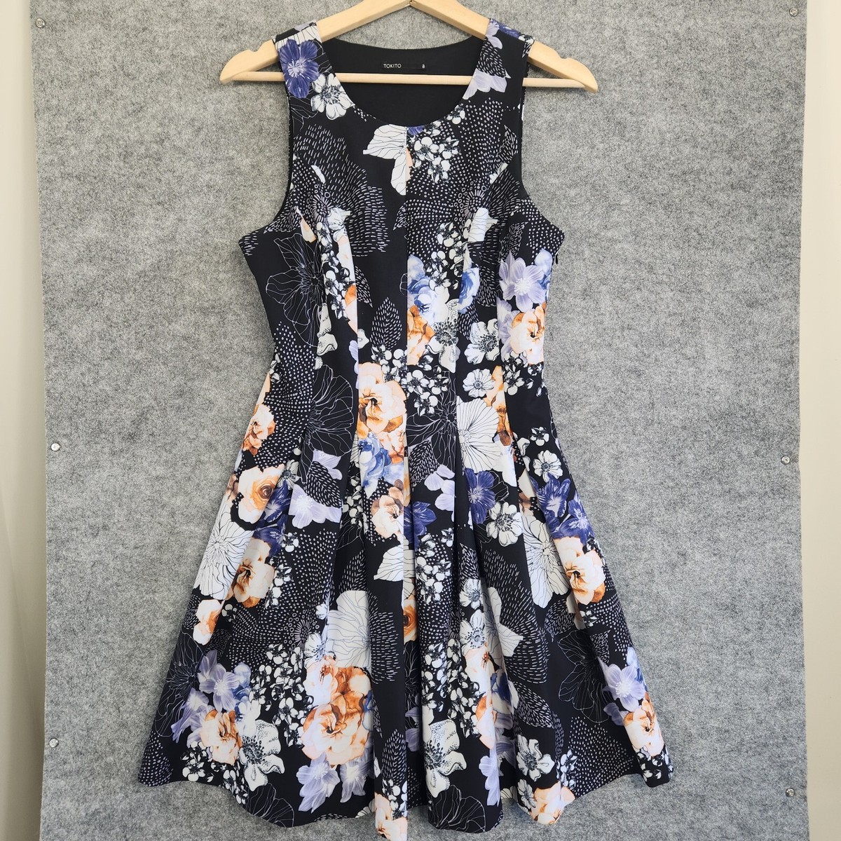Tokito Dress Womens Size 8 Black Floral A-Line Pleated Office Party Flowy |  eBay Australia