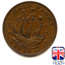 A BRITISH 1951 GEORGE VI HALFPENNY &frac12;d coin,  75 Years Old!