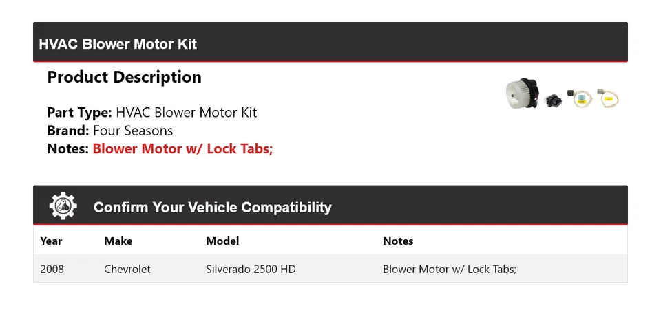 Kit de motor soplador HVAC para Chevrolet Silverado 2500 HD 2008 4 estaciones Foto 2 de 3