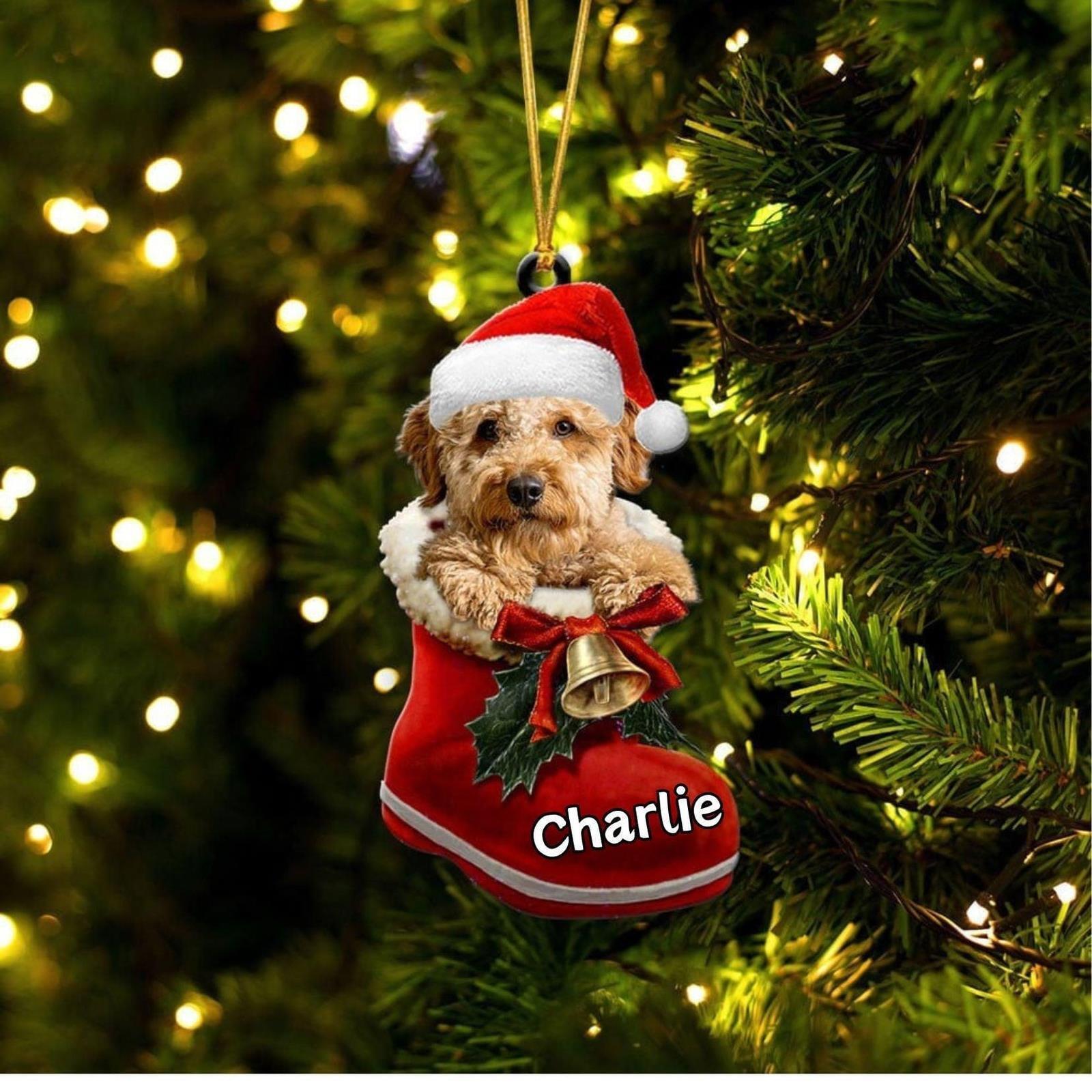 Goldendoodle In Santa Boot Christmas Flat Acrylic Dog Ornament