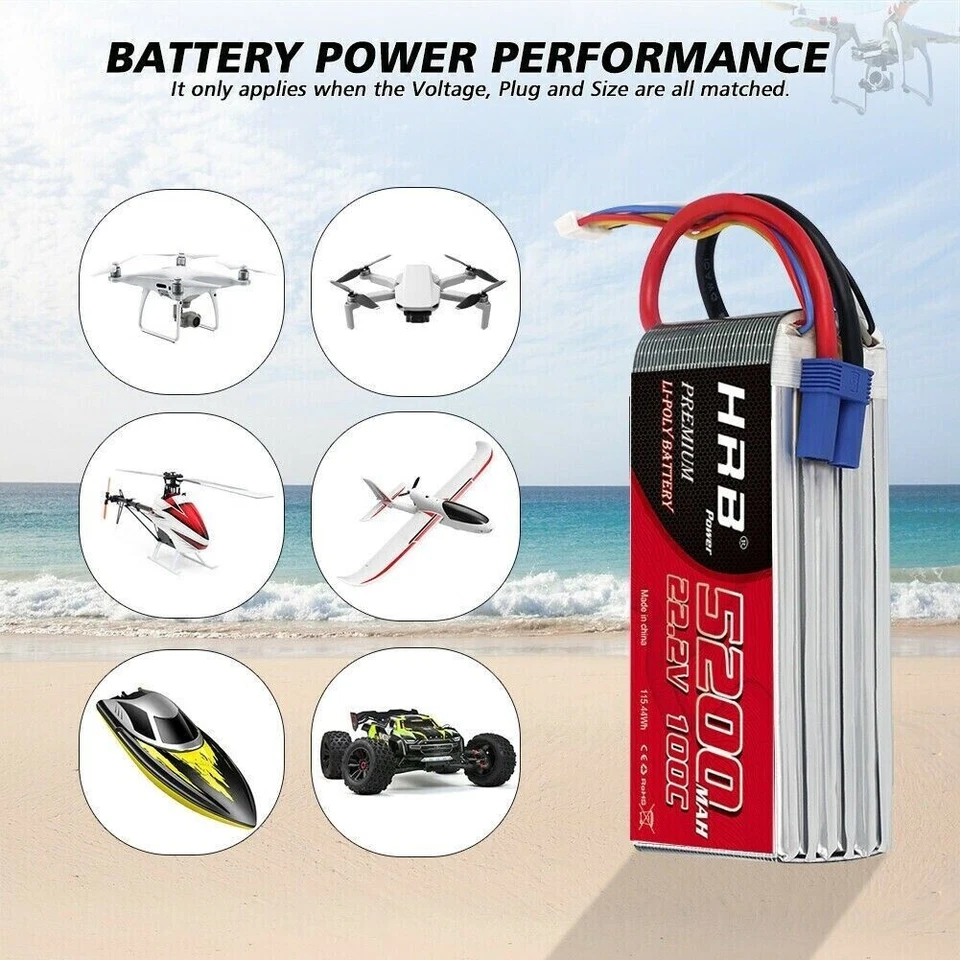 Batería LiPo HRB 22.2V 6S 5200mAh 100C EC5 para RC Helicóptero Avión Camión Foto 3 de 4