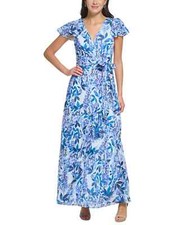 NWT Eliza J Women's V-Neck Flutter-Sleeve Belted Maxi Dress 4