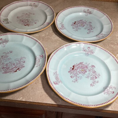 4 - Adams Calyx Ware Ironstone Metz Robins Egg Blue Floral 10  Dinner Plates