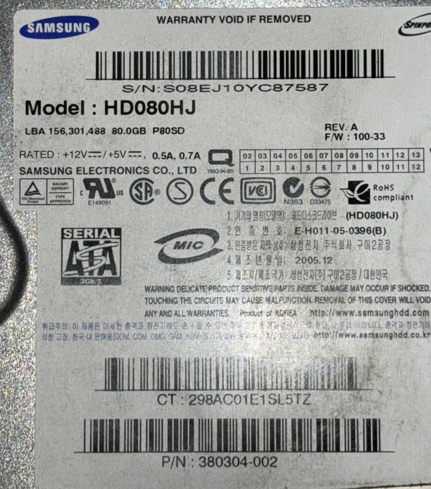 SAMSUNG (HD080HJ) 80GB 7200 RPM 3GB/S HDD HARD DRIVE P/N:380304-002 - Image 3 of 4
