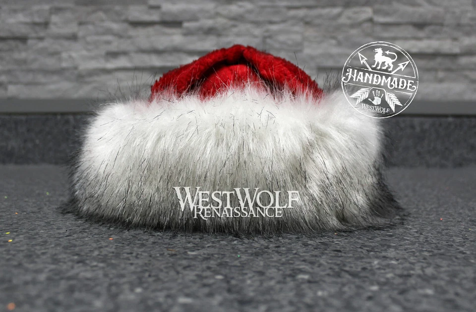 Viking Hat with Thick Red Sherpa Suede and White Fox Faux Fur  - Norse Santa - Image 2 of 4