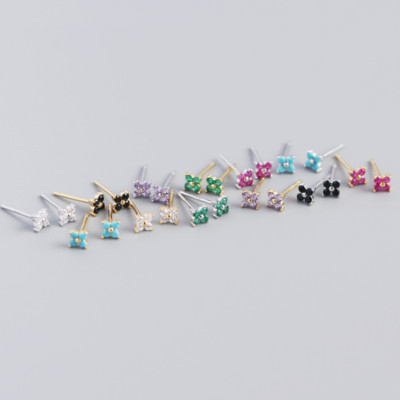 925 Sterling Silver Tiny Turquoise CZ Clover Stud Earrings 4mm Gift Box PE21