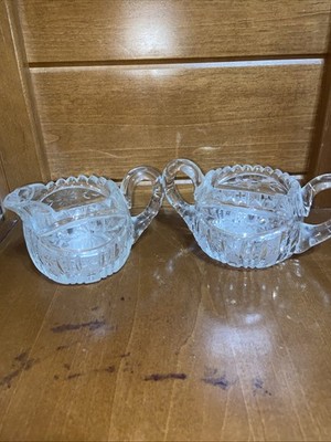 Vintage Cut Crystal Creamer And Sugar Bowl With Starburst Pattern