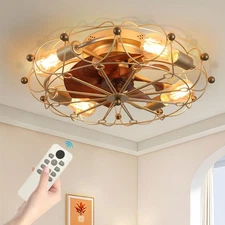 20" Farmhouse Ceiling Fan Light Gold Caged Chandelier Lamp with Remote and Bulb