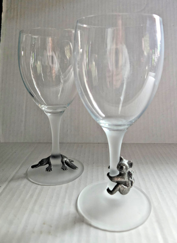 set of 2 Wine Glass Pewter Platter Platypus Koala Bear on stem white frosted