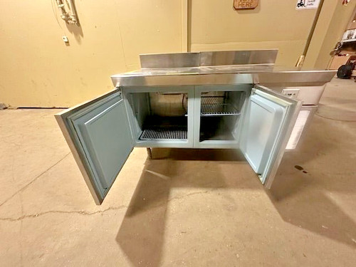 DELFIELD SOLID PREP TABLE WITH 2 DOOR COLD STORAGE REFRIGERATOR ON LEGS
