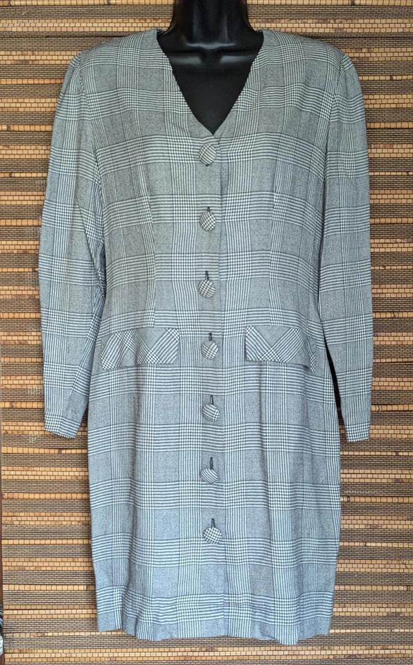 Vestido midi vintage años 80 90 Petite 6 negro blanco pata de gallo glen botones a cuadros Foto 3 de 4