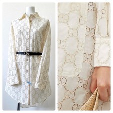 GUCCI GG Logo Lace Tunic Long Shirt Long Sleeves Size 36 Natural Off-White