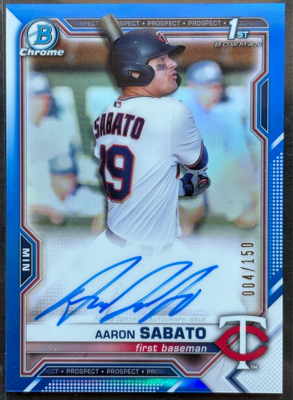 AARON SABATO 2021 1st Bowman Chrome Prospect Blue Refractor Auto /150 CPA-AS