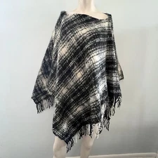 Lauren Ralph Lauren Plaid Acrylic Fringe Poncho Cape Shawl Dark Academia Boho