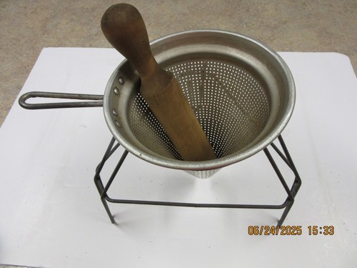 Vintage Primitive Metal Colander Sieve Strainer with Wooden Pestle and Stand