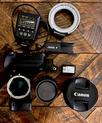 Kit Sony a6300 + Sony 18-55mm + Canon 17-40mm L + EF-E adapter + battery grip