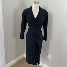 Chaps Womens XL Black Faux Wrap Dress Stretch Long Sleeve V Neck