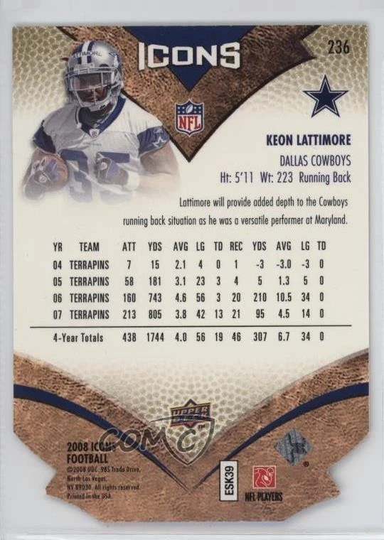 2008 Upper Deck Icons NFL Rookies Gold Die-Cut /75 Keon Lattimore #236 Rookie RC - Image 2 of 2