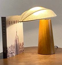 Wood Table Lamp Brown Base Beige Fabric Dome Shade, Corded Switch Warm White
