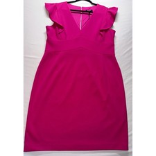 DKNY Pink Flounce Sheath Dress Womens 16 Ruffle V-Neck Cocktail