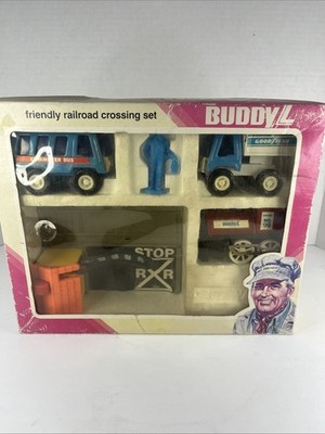 Vintage 1970s Buddy L Pressed Steel Toy Friendly Railroad Crossing Set