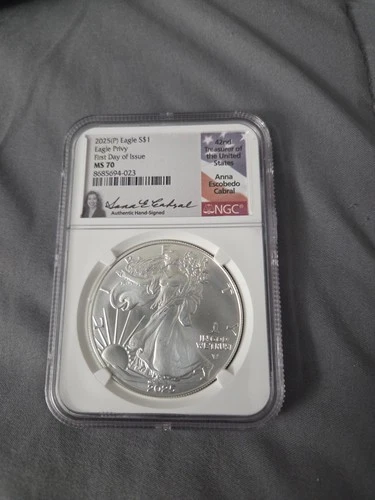 2025 silver eagle with eagle privy ngc ms70 - Singed by Anna Escobedo Cabral