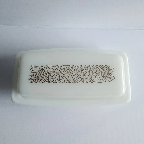 Vintage Pyrex Woodland Butter Dish Lid 72 B Milk Glass Brown White