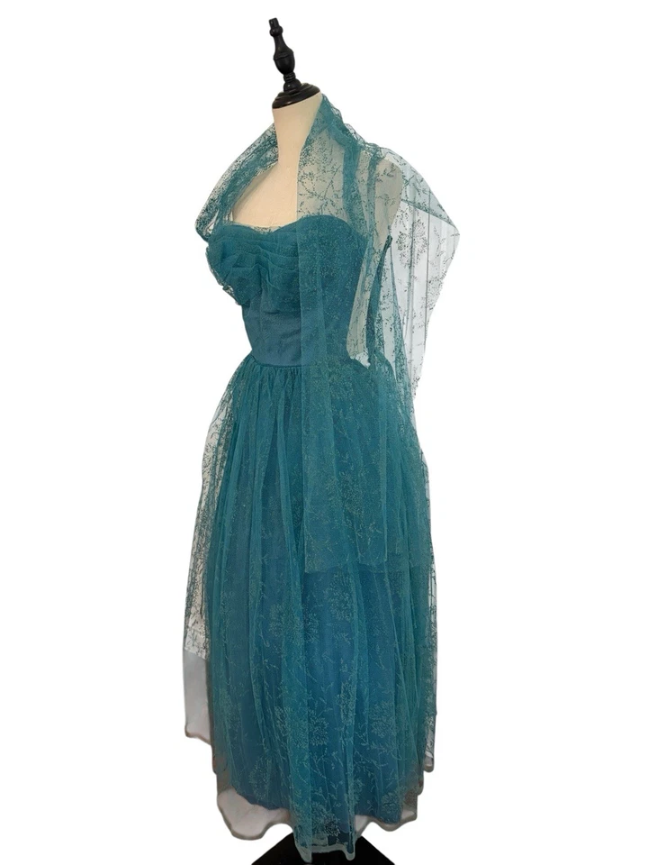 Vtg 50s Cupcake Dress Purple Blue Party Strapless Floral Texture 23”W - Image 4 of 4