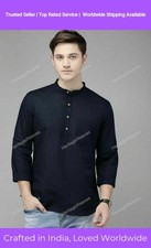 Solid Plain Traditional Top Shirt Solid Mens Wear Cotton Short Black Kurta
