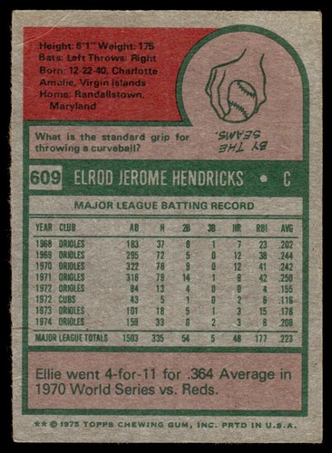 1975 Topps Ellie Hendricks Baltimore Orioles #609 - Imagen 2 de 2
