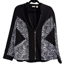 Zenergy by Chicos Womens Black Leopard Print Full Zip Jacket Size 2 Large