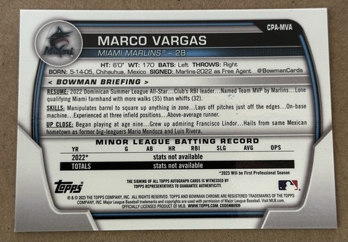 2023 Bowman Chrome - Prospect Auto Purple Refractor Marco Vargas /250 (AU, RC) - Picture 2 of 3
