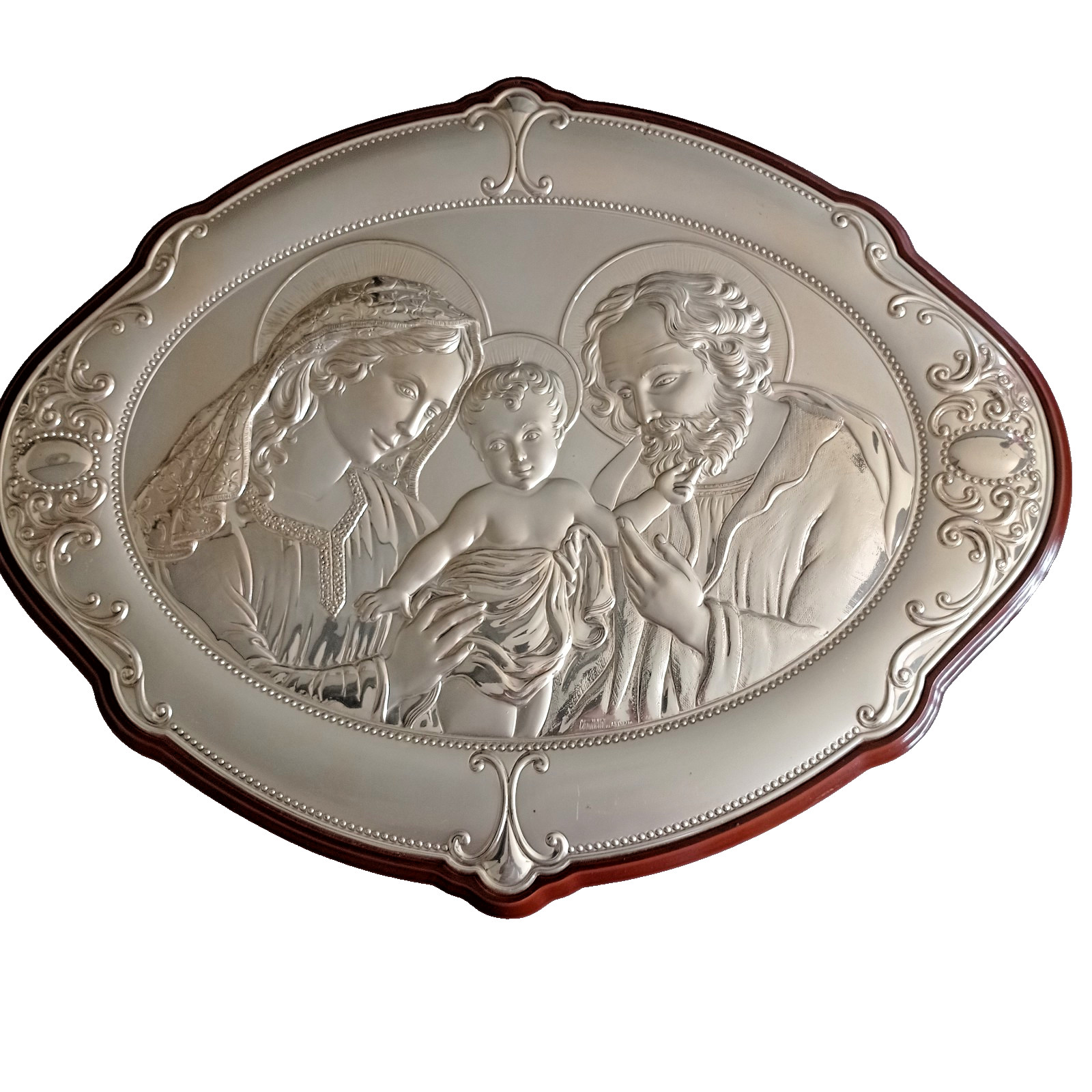 Edel Großes Reliefbild Heilige Familie Silber Bild auf Holz Jesus -Maria -Josef