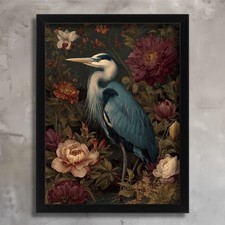 Blue Heron Floral Wall Art Elegant Botanical Print Japanese Bird Illustration
