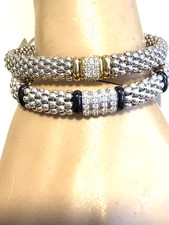 LAGOS Diamond Black Caviar Station Sterling Silver 9mm Rope Bracelet M NEW
