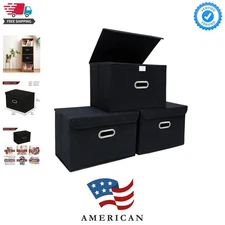 3-Piece Classic Black Storage Bins – Collapsible Organizer with Metal Handles