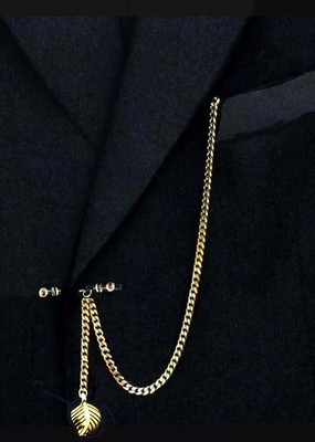 Gold Plated 12'' Inches Long Solid Pocket Watch Chain With Ornate LEAF Fob