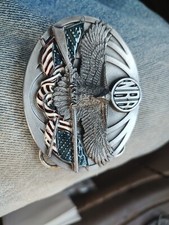 NRA 2ND AMENDMENT BELT BUCKLE EAGLE, FLAG  RIFLE VINTAGE 1994 BERGAMOT PEWTER